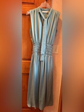 Anthropologie Bishop & Young Linen Smocked Midi Dress Small Sage